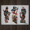 An overhead, full shot of a sheet of American traditional tattoo flash art resting on a dark wood grain surface. The white paper features four distinct, hand-painted designs arranged in two columns, rendered with bold black outlines, smooth black shading, and a vibrant color palette of red, yellow, green, and blue. On the left: A dynamic illustration of a bald eagle locked in combat with a green and black snake. The eagle, shown with wings spread and detailed brown and yellow feathers, grips the writhing snake with its yellow talons as it perches on a jagged brown tree stump. A fiery red gradient glows behind the scene. In the center top: A profile portrait of a woman looking right, styled as a cowgirl. She wears a wide-brimmed blue and black cowboy hat with a yellow band and a red bandana tied around her neck. In the center bottom: A profile portrait of a Native American woman looking right, wearing an elaborate, colorful headdress with yellow, red, and black feathers, a beaded headband, and geometric patterns on her clothing. On the right: A majestic bald eagle perched upright on a weathered tree stump, looking to the left. A green and black snake curls up from the grassy base of the stump, its jaw open near the eagle's wing. A warm red gradient rings the background behind the eagle. The bottom right corner of the page features the artist's signature, "M. MAZAK", in stylized black lettering. The lighting is bright and even, capturing the texture of the paper and the rich saturation of the ink and spit-shading.